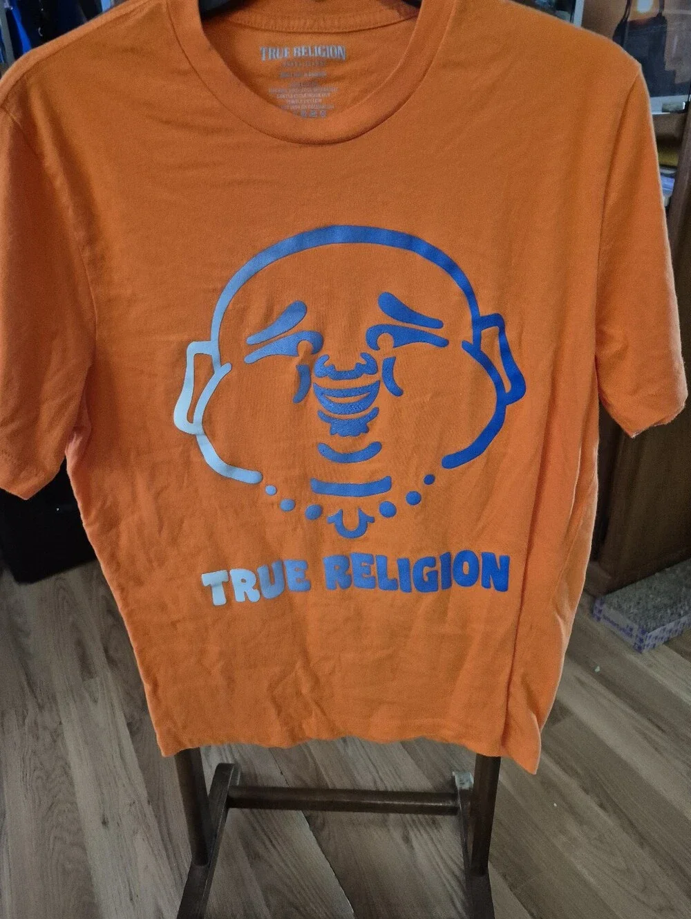 True Religion Orange Graphic Tee with Blue Logo